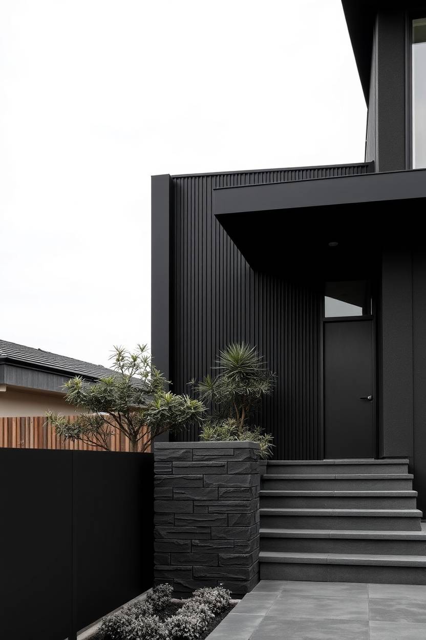 modern residential building materials rendered in intense jet black, featuring pure black hues and deep shadows